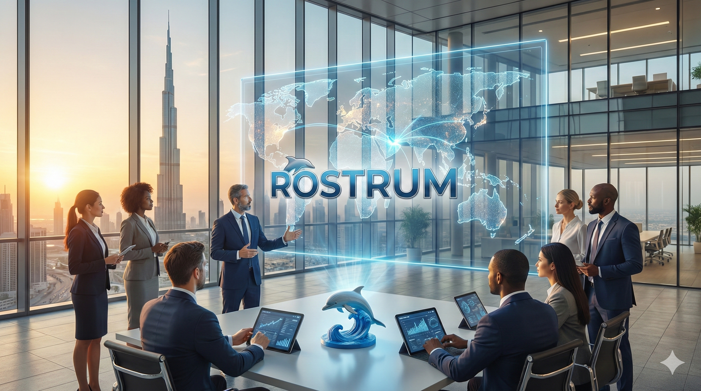 Rostrum platform in use — business intelligence session in a boardroom with Dubai skyline